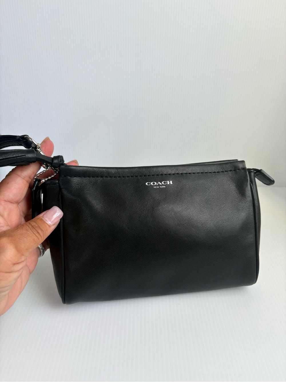 Vintage Coach Black Leather Wristlet Clutch with Silver Logo
